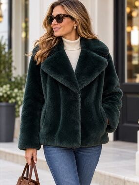 DKNY Plush Faux Fur Coat in Deep Forest Green
